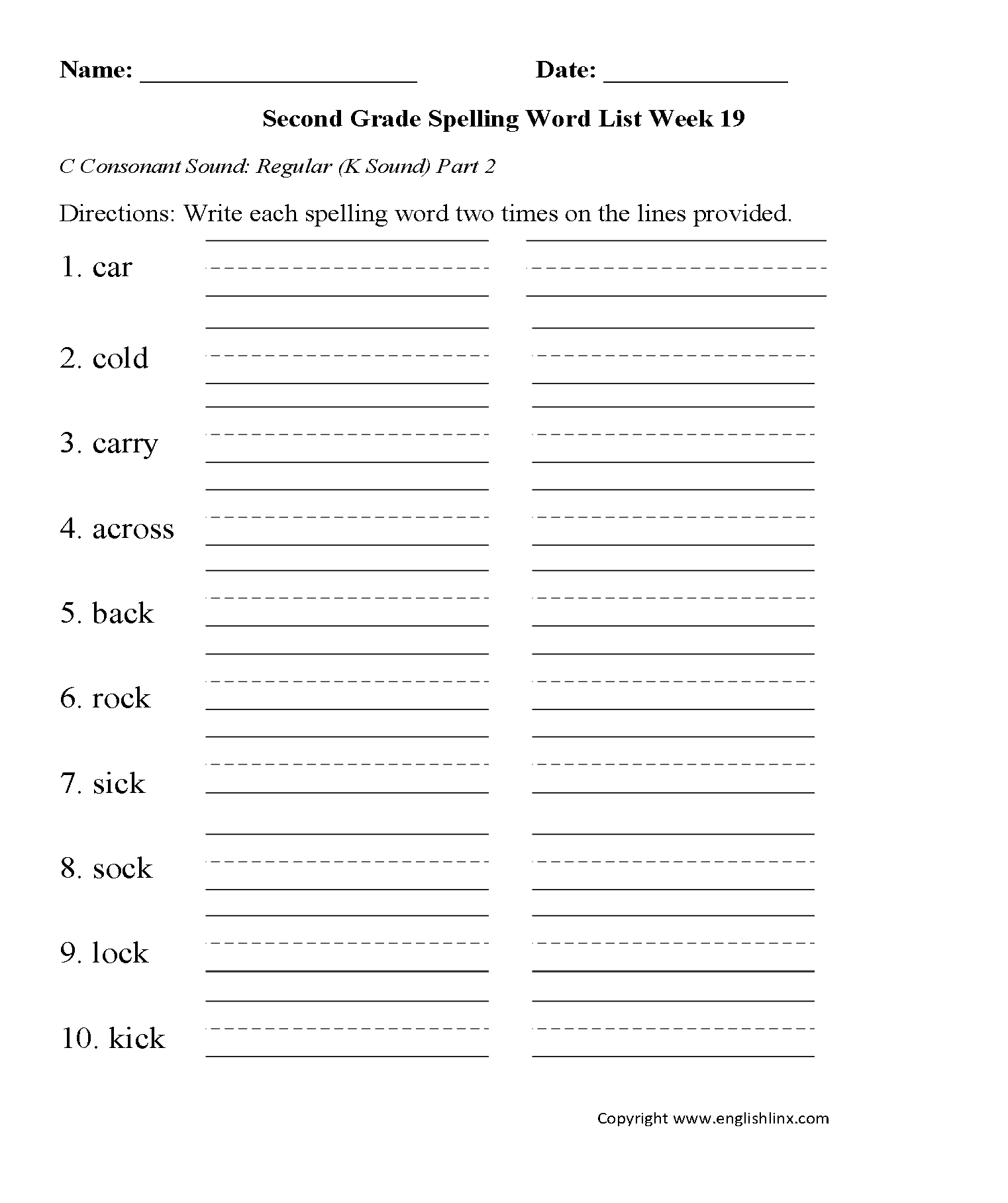 Week 19 C Consonant K Sound 2 Second Grade Spelling Words Worksheets